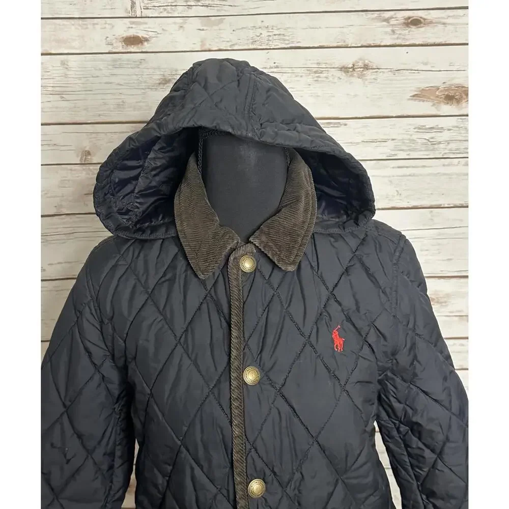 Polo Ralph Lauren black quilted barn snap front hooded jacket Size L (14-16)